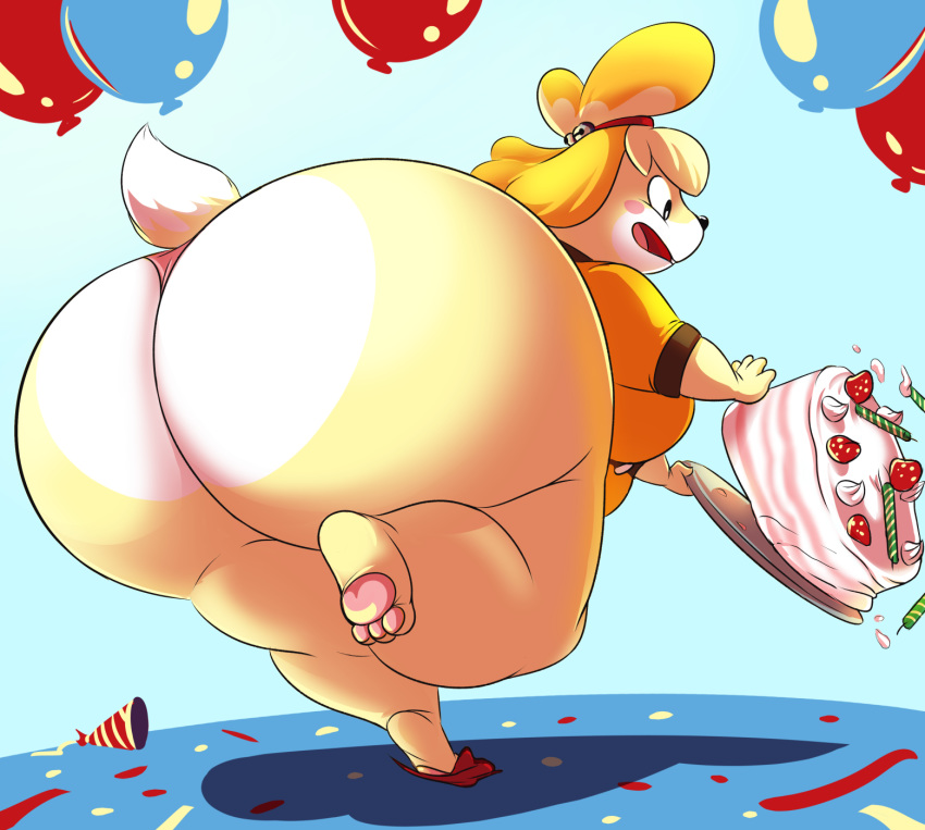 animal_crossing anthro ass balloons bells birthday blonde_hair cake canine falling_over furry hoodah isabelle_(animal_crossing) large_ass nintendo shocked thick_thighs thighs tripping