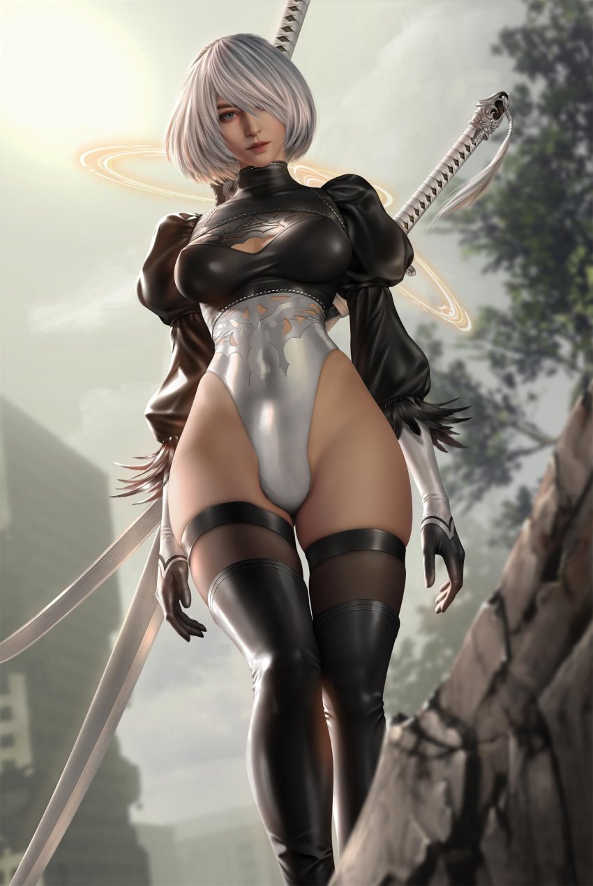 1futa bulge chunk_(editor) city cleavage_cutout clothed cloud.d dress edit edited futa_only futanari gloves hair_over_one_eye katana leotard looking_at_viewer nier:_automata outdoors ruins short_hair skin_tight skindentation solo standing stockings thick_thighs thigh_boots third-party_edit white_hair yorha_2b