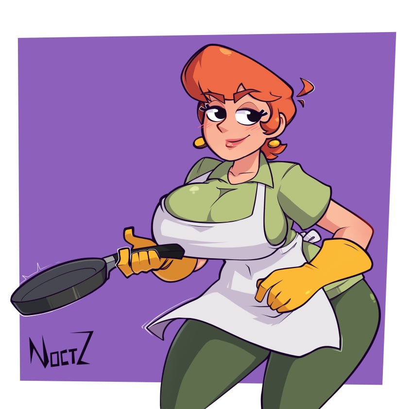 1girls abstract_background absurd_res absurdres apron big_breasts big_eyes blushing brown_hair cartoon_network collared_shirt cook cooking cooking_pan dexter's_laboratory dexter's_mom fully_clothed gloves green_clothing highres holding_object hourglass_figure housewife long_eyelashes mature_female milf noctz purple_background raised_eyebrows simple_background slim_waist smiling tight_clothing white_frame yellow_earrings yellow_gloves