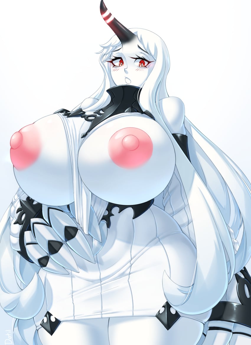 1girls areolae bags_under_eyes breasts breasts_out claws curvy detached_sleeves dotil dress female female_only highres horns huge_breasts kantai_collection large_areolae large_nipples long_hair looking_at_viewer nipples open_mouth pale_skin puffy_nipples red_eyes ribbed_dress seaport_hime shinkaisei-kan short_dress single_horn solo thick_thighs thighs very_long_hair white_hair white_skin wide_hips