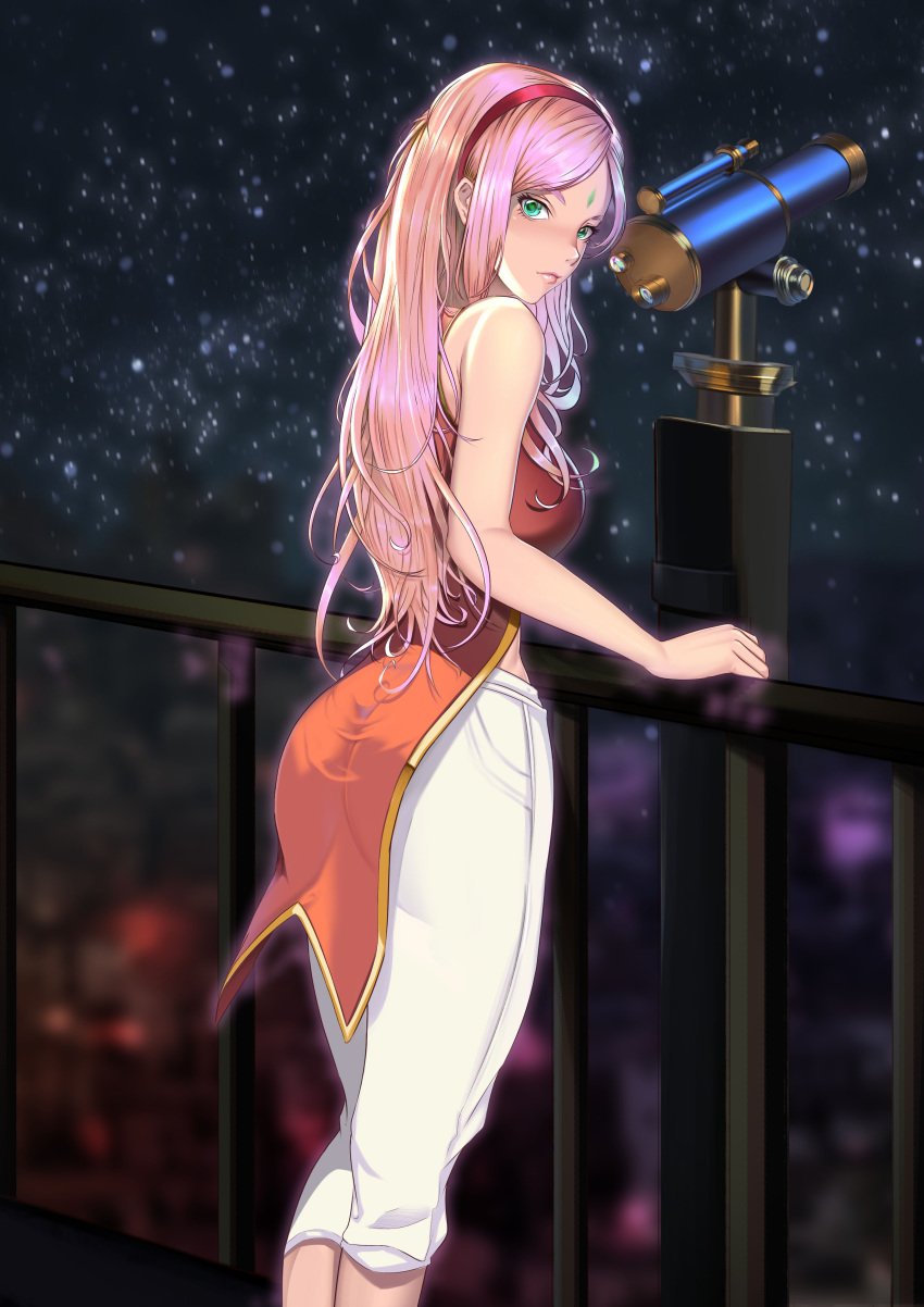 1girls absurd_res big_ass blush c-shape clothed clothed_female curvy female from_behind fully_clothed green_eyes hairband hi_res highres large_breasts long_hair looking_at_viewer looking_back naruto naruto_(series) naruto_shippuden night panties pink_hair rear_view sakura_haruno solo telescope very_high_resolution very_long_hair voluptuous xiumu_bianzhou