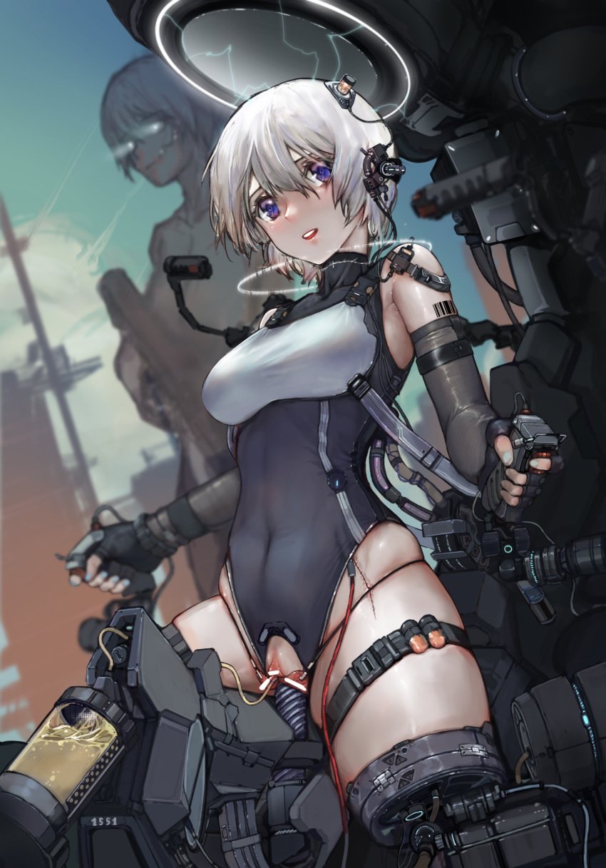 1girls amputee android blue_eyes blush blushing censored female_urethral_insertion fingernails fluid futuristic gloves halo headgear iuui leotard looking_at_viewer machine mecha_musume mechanical medium_breasts missing_leg nail_polish neck_ring object_in_pussy object_insertion pale-skinned_female pale_skin peeing peeing_into_container purple_eyes pussy scar self-bondage short_hair smile smiling smiling_at_viewer solo_female spread_pussy tattoo tattoo_on_arm thick_thighs tight_clothing torture tube_in_urethra tubes urethral_insertion urethral_tube urinating urinating_female urination urine urine_in_container vaginal_penetration westking white_hair white_nails