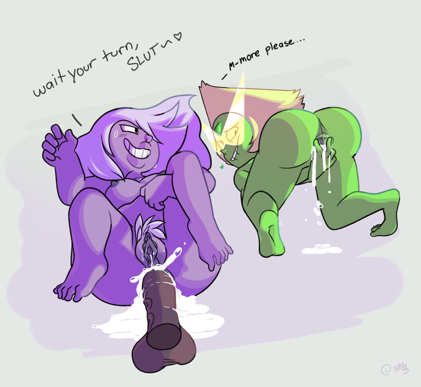 2girls amethyst_(steven_universe) anal anus ass blonde_hair breasts cartoon_network cum cum_in_ass cum_inside dialogue gem green_skin grey_background insult penetration penis peridot_(steven_universe) pubic_hair purple_hair purple_skin smile spanky_spiral spiral_spanky_(artist) spread_pussy spreading steven_universe text