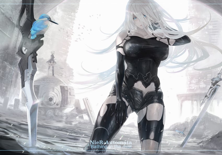 2girls android big_breasts bird black_clothing blade blue_eyes clothed clothed_female clothing elbow_gloves female female_focus hourglass_figure japanese katana long_hair maeshima_shigeki nier:_automata nipples_visible_through_clothing stockings sword thighhighs tight_clothing wet_clothes wet_skin white_hair yorha_2b yorha_a2