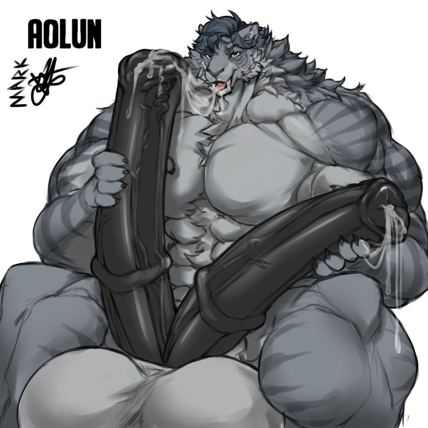 1:1 2020 al_(aolun) anthro aolun_(character) balls big_balls big_muscles big_penis black_penis bodily_fluids cum diphallia diphallism ejaculation erection felid fur genital_fluids genitals grey_body grey_fur grey_hair hair hand_on_penis hi_res huge_balls huge_cock huge_muscles hyper hyper_balls hyper_genitalia hyper_muscles hyper_penis looking_at_viewer male male_only mammal marvolk masturbation multi_genitalia multi_penis muscular muscular_anthro muscular_male nude open_mouth pantherine penis sabertooth_(disambiguation) simple_background sitting solo tiger tongue tongue_out vein veiny_penis white_background