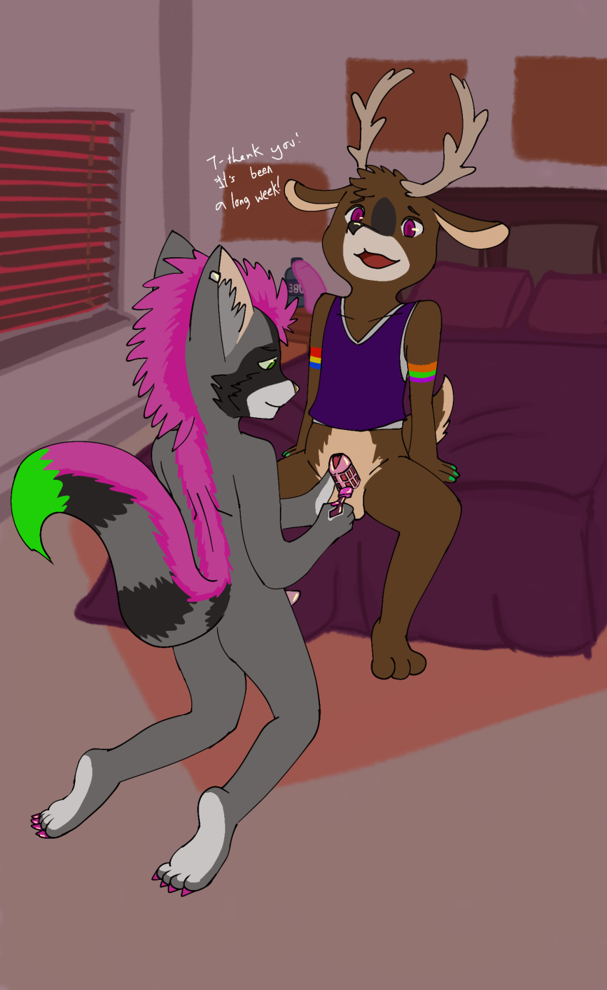 anthro antlers bed bedroom bottomless cervid chastity_cage chastity_device clothed clothing colored_nails crop_top crouching duo ear_piercing ethan_bedlam furniture girly green_hair hair hi_res hirokitty horn keyholder male male/male mammal mohawk nails nude paws piercing pink_hair procyonid punk raccoon rainbow shirt tara_voxis teenager text topwear young