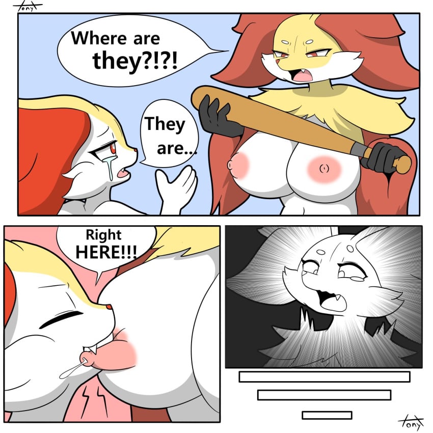 1:1 anthro baseball_bat bat_(object) bite bodily_fluids braixen breast_bite breast_squish breast_sucking breasts canid canine comic crying delphox duo english_text female female/female hi_res hostile mammal nintendo nipples pokémon_(species) pokemon pokemon_(species) shocked speech_bubble squish sucking surprise tears teeth text tonytoran video_games yuri