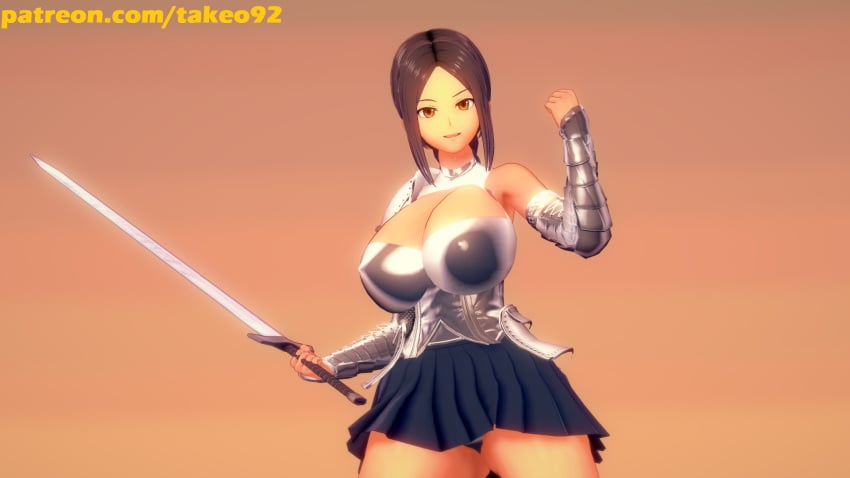 1girls 3d armor big_breasts braces brown_eyes brown_hair cleavage clothed eyebrows_visible_through_hair female female_only fist heroine human koikatsu large_breasts looking_at_viewer midriff open_mouth orange_hair panties patreon ponytail runa_(takeo92) shoulder_pad simple_background skirt smile solo standing sword takeo92 text thick_thighs upskirt warrior