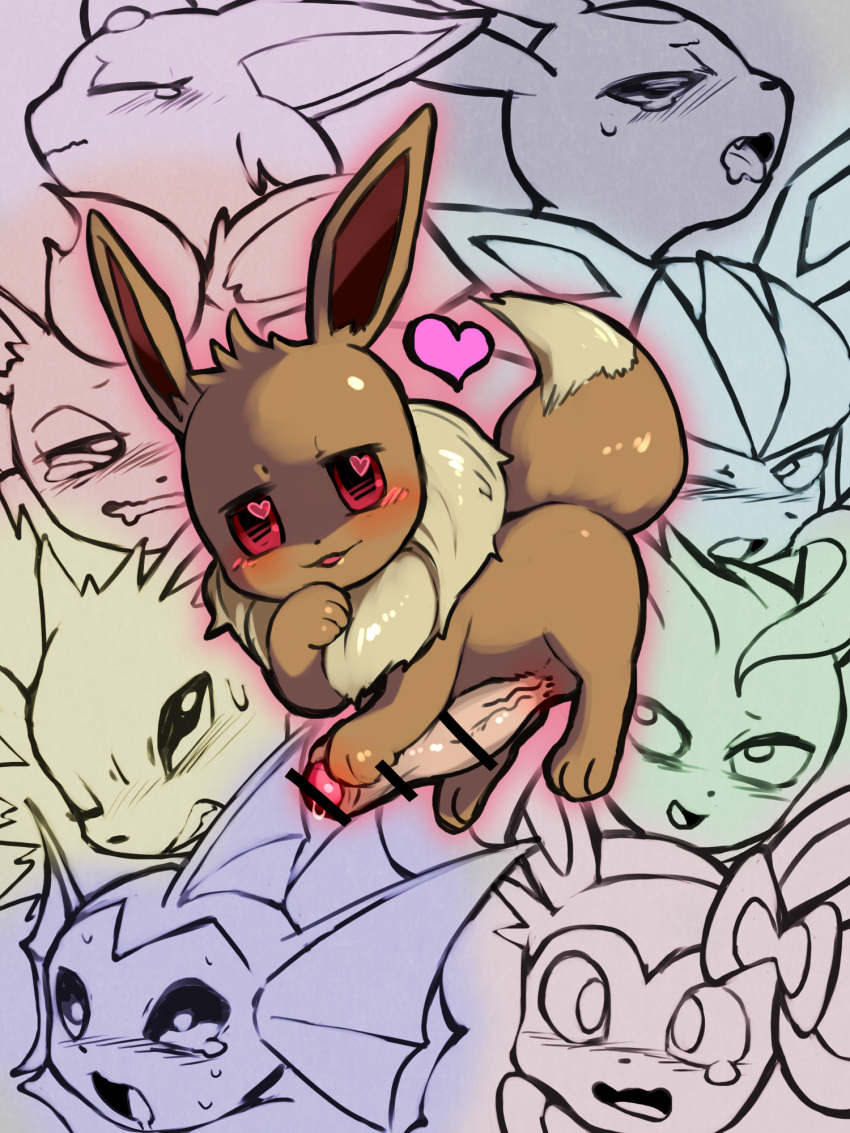 <3_eyes 2018 3:4 ambiguous_gender bakudanarare big_penis blush bodily_fluids brown_body brown_fur canid canine censor_bar censored digital_media_(artwork) eevee eeveelution erection espeon feral flareon fur furry genital_fluids genitals glaceon heart hi_res humanoid_genitalia humanoid_penis jolteon leafeon male mammal mane narrowed_eyes nintendo nude one_eye_closed open_mouth penis pokemon pokemon_(species) red_eyes smile solo sweat sweatdrop sylveon tan_body tan_fur tears tongue tongue_out umbreon vaporeon video_games