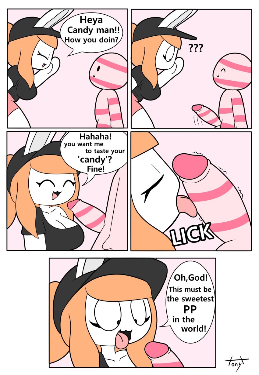 1boy 1girls :3 anthro breasts candy cleavage closed_eyes clothed clothing comic cute duo erection female food genitals hi_res humanoid lagomorph leporid licking licking_penis lollipop male mammal older_female oral original original_character penile penis penis_lick rabbit sex shaking shivering size_difference smile speech_bubble straight striped_penis striped_skin text tina_(tonytoran) tongue tongue_out tonytoran younger_male