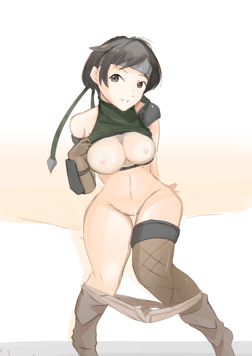 1girls 9_9bird black_hair breasts breasts_out brown_eyes clothing female final_fantasy final_fantasy_vii kingdom_hearts kunoichi large_breasts legs_together panties panties_down pussy shirt shirt_lift short_hair solo square_enix wide_hips yuffie_kisaragi