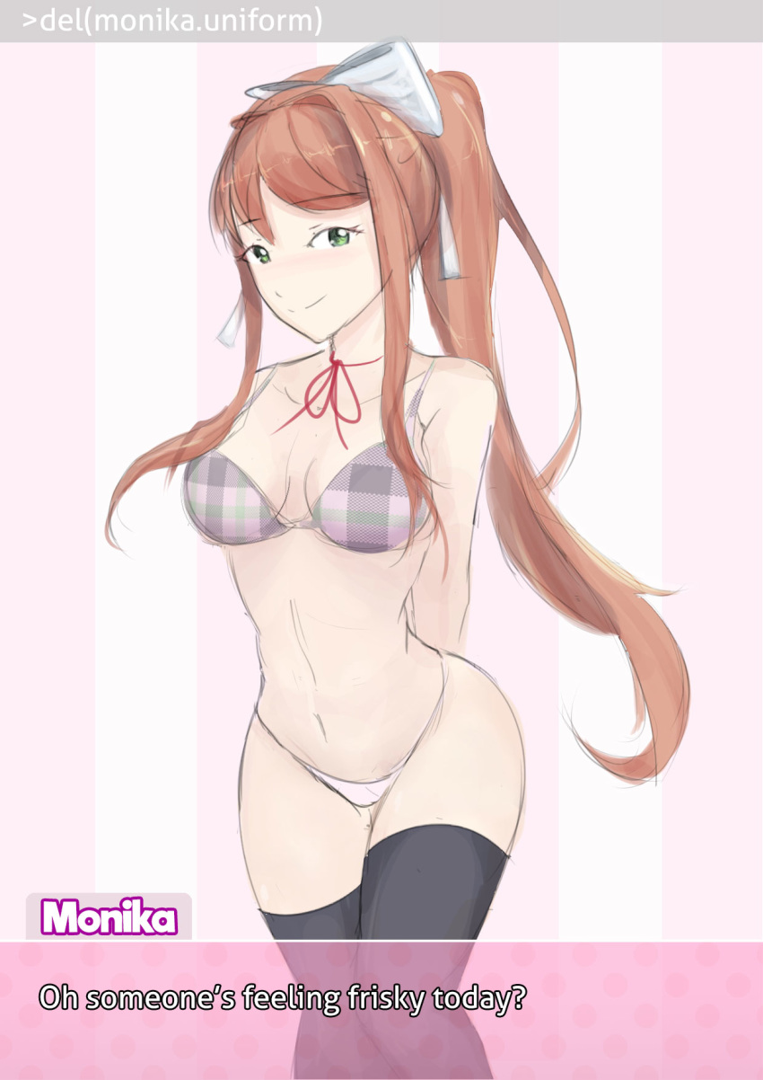 1girls 9_9bird black_legwear black_thighhighs blush bra breasts brown_hair cleavage clothing ddlc_text_box dialogue doki_doki_literature_club female green_eyes hair_bow legs_together long_hair monika_(doki_doki_literature_club) panties pink_panties plaid_bra ponytail purple_bra solo text thighhighs underwear white_hair_bow white_hair_ornament wide_hips