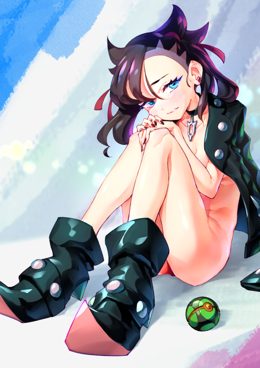 bangs blush choker dedeen ear_clip embarrassed eyelashes female fingernails frown highres jacket looking_at_viewer marnie_(pokemon) nintendo no_panties nude on_ground open_clothes open_jacket open_mouth poke_ball pokemon pokemon_ss sitting