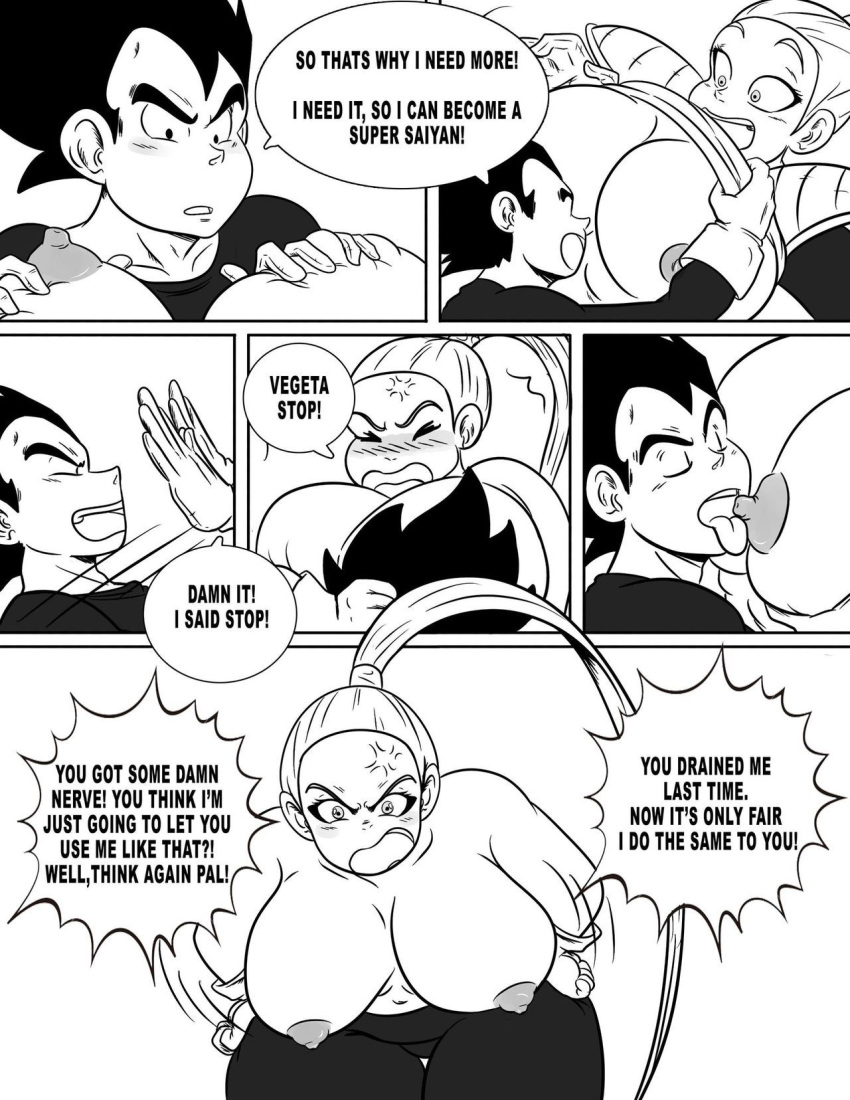 1boy 1girls angry areolae big_breasts bonyu breasts chubby clothed dragon_ball dragon_ball_z:_kakarot female hetero licking_breast straight thick ukevegeta13 vegeta