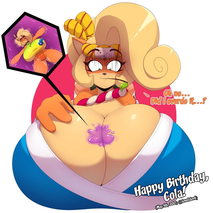 coco_bandicoot cola_bandicoot crash_(series) crash_bandicoot_(series) giant_breasts giantess gigantic_breasts macro micro micro_female micro_on_macro microscopic minigirl nano one-piece_swimsuit shrunken_woman swimsuit