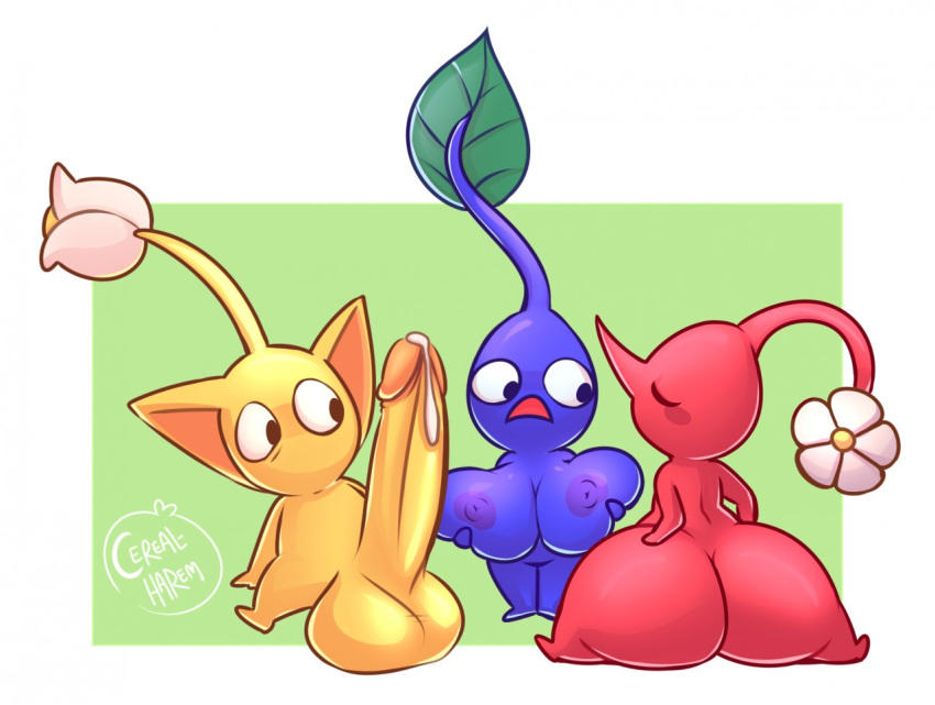 anthro ass balls ballsack blue_pikmin breasts cerealharem cerealharem_(artist) cum erect_penis erection flower flower_buds large_breasts large_penis leaf leaking_cum nintendo nipples penis pikmin pikmin_(species) pointy_ears red_pikmin semen sitting_down testicles unknown_gender yellow_pikmin