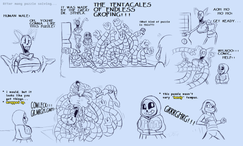 1boy 2girls breasts comedy comic comic_(under(her)tail) english_text female frisk frisky_(under(her)tail) funny humor male mechanical mechanical_tentacles papyrus pun sans skeleton sketch tempus_(under(her)tail) text thewill under(her)tail undertale undertale_fanfiction