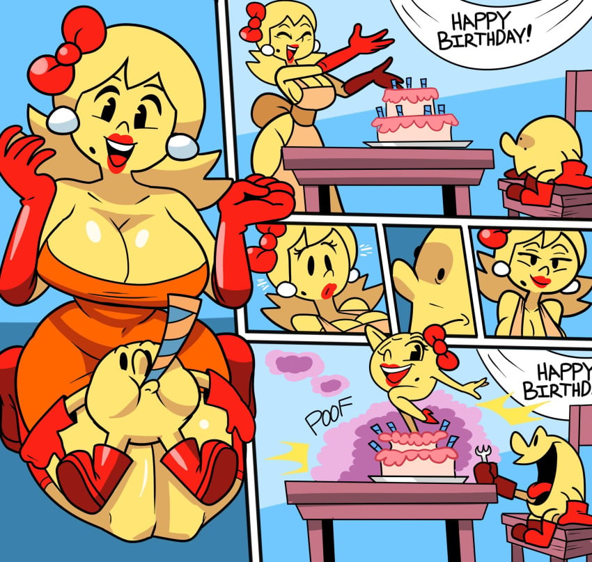 1boy 1girls anthro beauty_mark cake canon_couple cleavage cute duo female huge_breasts husband_and_wife lipstick male mole mole_under_mouth ms._pac-man pac-man pac-man_(series) superspoe thick_thighs transformation wholesome wide_hips