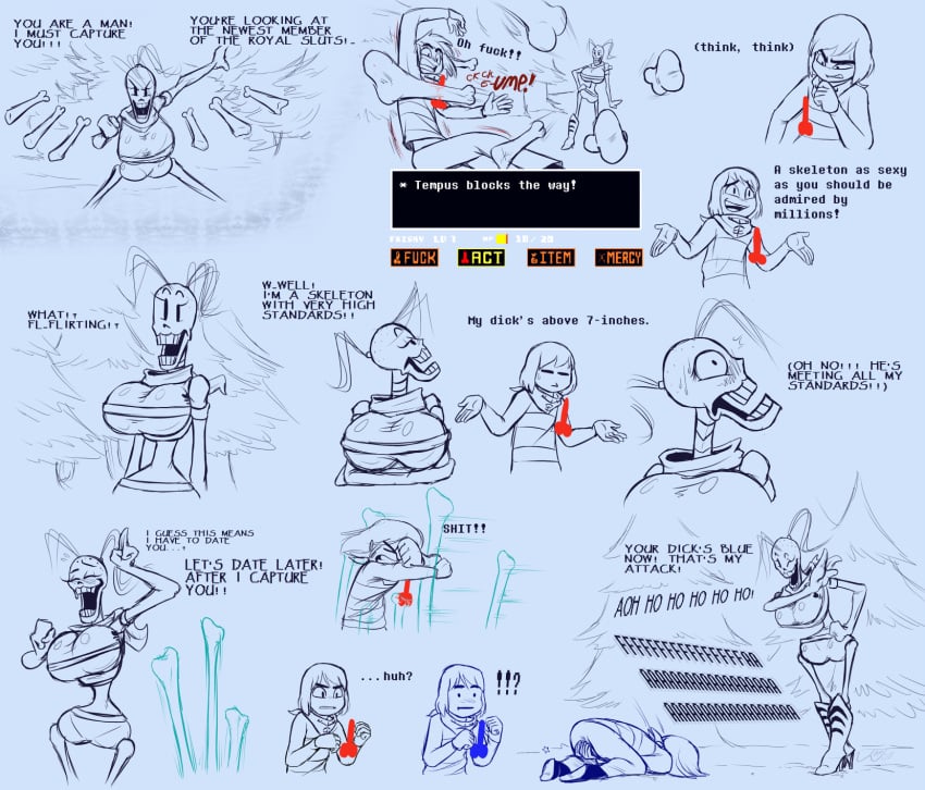 1boy 1girls breasts comedy comic duo english_text female frisk frisky_(under(her)tail) funny humor male papyrus skeleton sketch tempus_(under(her)tail) text thewill under(her)tail undertale undertale_fanfiction