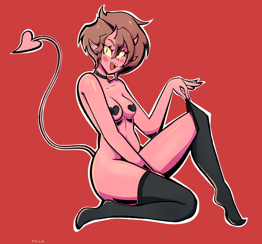 1girls 2020 beta_(beta's_inferno) black_heart_pasties black_nails black_pasties blush borrowed_character bottomless brown_hair demon_girl devil_horns devil_tail female heart_pasties open_mouth pasties pinup red_background red_skin stockings tapes yellow_sclera