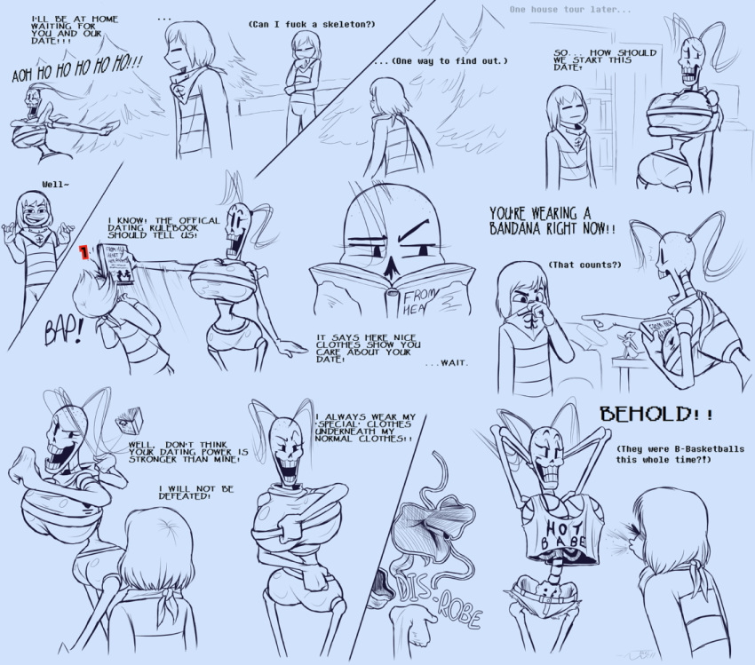 1boy 1girls basketball comedy comic duo english_text female frisk frisky_(under(her)tail) funny humor male papyrus skeleton sketch tempus_(under(her)tail) text thewill under(her)tail undertale undertale_fanfiction