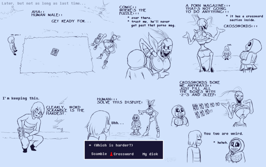 1boy 2girls breasts clothed clothing comedy comic comic_(under(her)tail) english_text female frisk frisky_(under(her)tail) funny humor male papyrus sans skeleton sketch tempus_(under(her)tail) text thewill under(her)tail undertale undertale_fanfiction