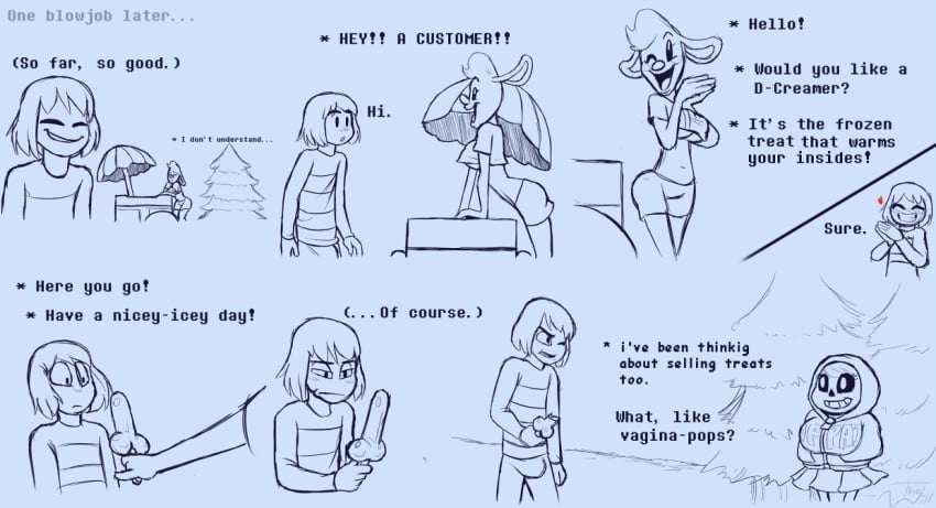 anthro breasts clothed clothing comedy comic comic_(under(her)tail) english_text fan_character frisk frisky_(under(her)tail) funny humor ice_cream popsicle sans skeleton text thewill under(her)tail undertale undertale_fanfiction