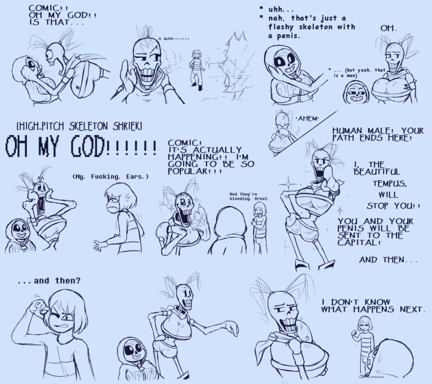 1boy 2girls breasts clothed clothing comedy comic comic_(under(her)tail) english_text fan_character female frisk frisky_(under(her)tail) funny humor male papyrus sans skeleton sketch tempus_(under(her)tail) text thewill under(her)tail undertale undertale_fanfiction