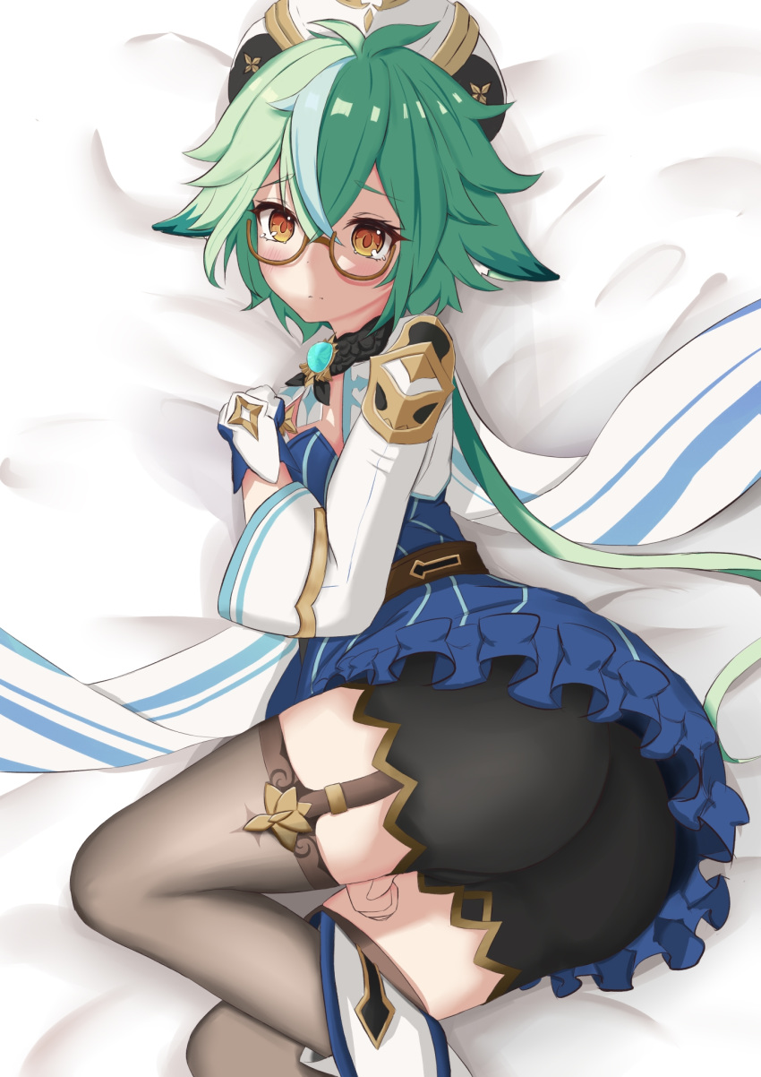 amber_eyes ass blush cat_ears embarrassed female female_focus female_only garter_belt genshin_impact glasses green_hair hair_ears looking_at_viewer luochao0524 on_bed ponytail shy skirt sucrose_(genshin_impact) upskirt