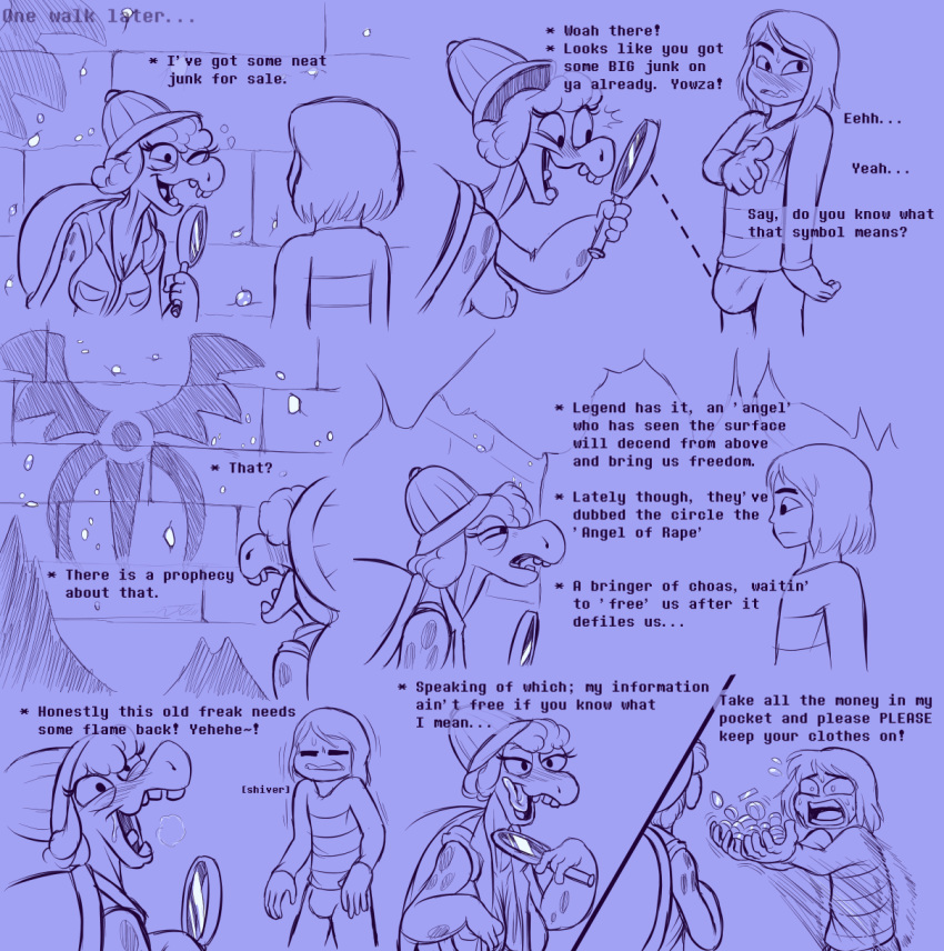 1boy 1girls anthro blush bulge clothed clothing comic duo english_text female frisk frisky_(under(her)tail) gerson licking_lips magnifying_glass male sketch text thewill turtle under(her)tail undertale undertale_fanfiction