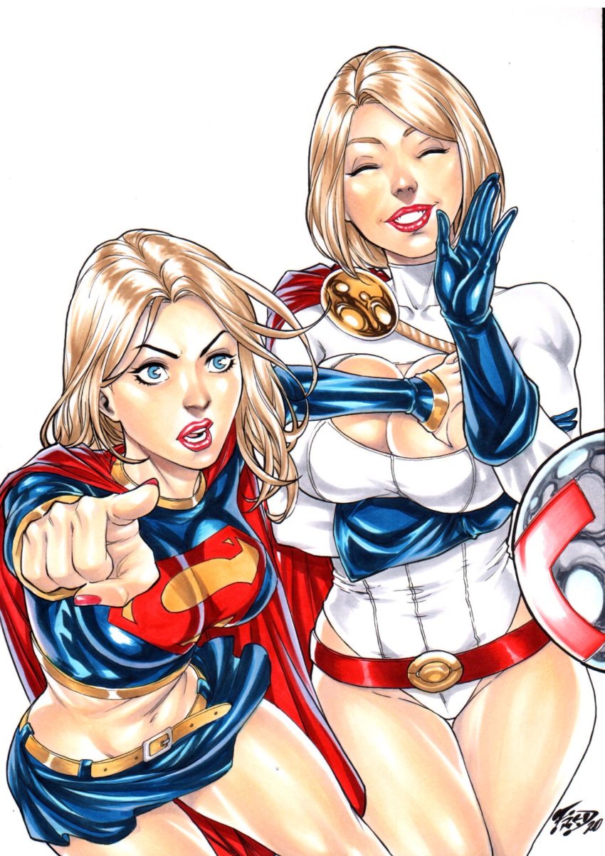 2girls big_breasts blonde_hair blue_eyes breast_envy breast_grab breast_squeeze breasts dc dc_comics ed_benes_studio female female_kryptonian female_only fred_benes grope kara_danvers kara_zor-el kara_zor-l karen_starr kryptonian large_breasts leotard midriff miniskirt nail_polish pink_nail_polish pink_nails pointing_at_viewer power_girl skirt smile smiling supergirl superman_(series) touching_breast waving