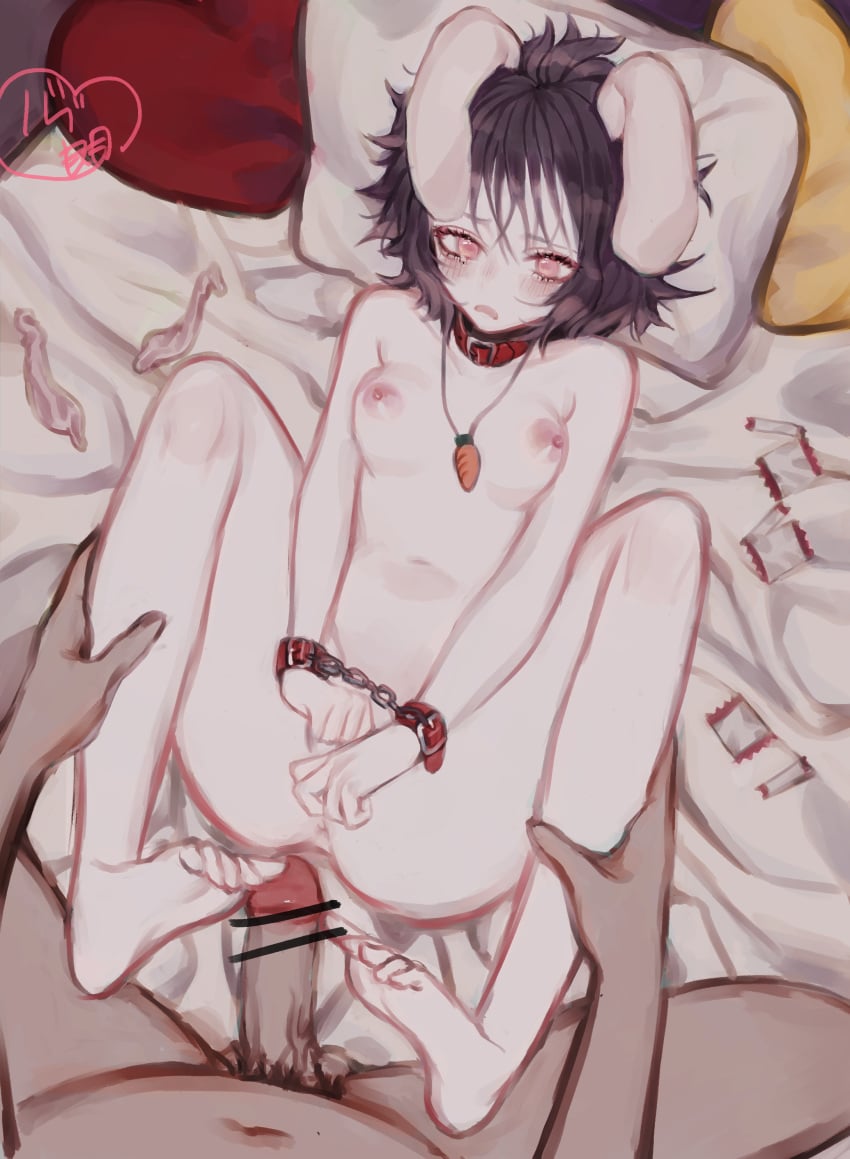 1boy absurdres animal_ears anus ass bangs black_hair blush bunny_ears carrot carrot_necklace censored chains collar commentary completely_nude condom condom_wrapper covering covering_crotch dog_collar feet female floppy_ears hair_between_eyes head_on_pillow heart heart_pillow highres holding_legs imminent_anal jewelry lying m_legs male_pubic_hair navel nipples nude on_back on_bed partially_visible_vulva pendant penis pillow pointless_censoring pov pubic_hair red_eyes short_hair signature solo_focus stomach tewi_inaba touhou used_condom zabu_rou