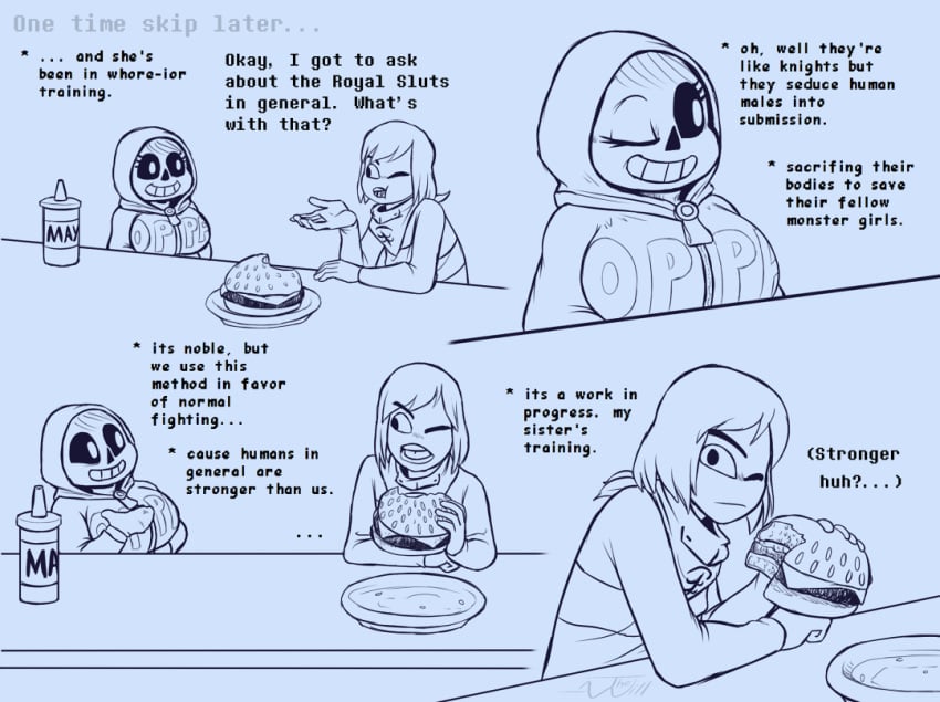 breasts clothed clothing comic comic_(under(her)tail) english_text food frisk frisky_(under(her)tail) hamburger sans sketch text thewill under(her)tail undertale undertale_fanfiction