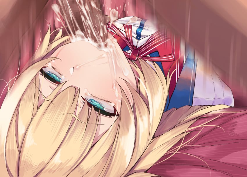 akai_haato bed blonde_hair blue_eyes cum cum_in_mouth facial fellatio female hololive hololive_gen_1 hololive_japan male straight suushiki throat_swabbing virtual_youtuber