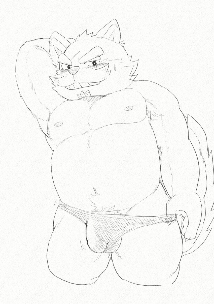 2020 anthro blush bulge canid canine canis clothing domestic_dog fu_ren_chi genital_outline hi_res humanoid_hands live-a-hero male male_only mammal navel nipples penis_outline procy_(live_a_hero) scar simple_background slightly_chubby solo underwear video_games white_background