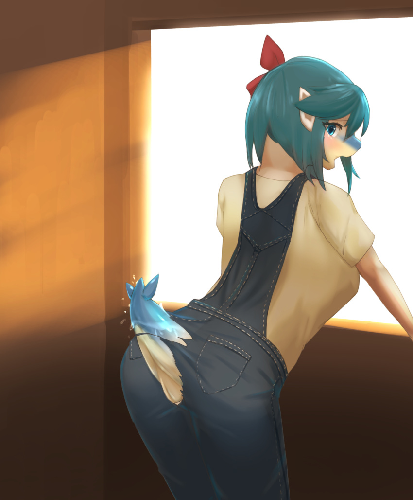 2020 anthro ass blue_eyes cetacean clothing female genitals green_hair growth hair hi_res leaning leaning_forward looking_at_viewer mammal marine open_mouth pussy raaggu solo tail_growth torn_clothing transformation window