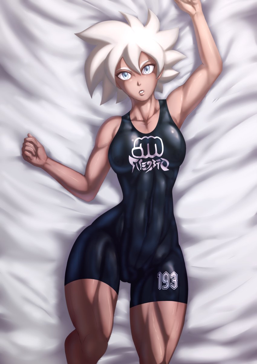 athletic bea_(pokemon) big_breasts bodysuit clothing dark-skinned_female dark_skin dno looking_at_viewer muscles muscular muscular_female pokemon pokemon_ss swimsuit tights white_eyes white_hair