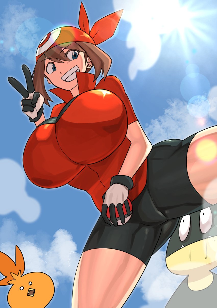 1girls ambiguous_gender blue_eyes brown_hair female gloves hotsaurus huge_breasts may_(pokemon) medium_hair munchlax nintendo pokemon pokemon_rse shorts spandex_shorts thick_thighs thighs torchic