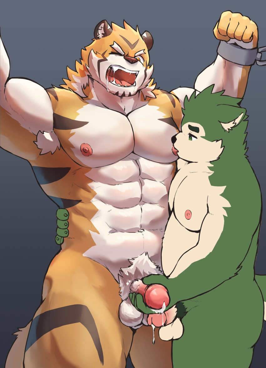 abs anthro anthro_on_anthro armpit_hair balls bodily_fluids body_hair bondage bound canid canine canis cum domestic_dog domination duo erection felid fur genital_fluids genitals green_body green_fur handcuffs handjob hi_res kemono live-a-hero male male/male male_domination mammal mokdai_(live_a_hero) muscular muscular_male nipple_fetish nipple_play nipple_suck nipples pantherine pecs penile penis ryekie_(live_a_hero) sex shackles slightly_chubby submissive submissive_male sucking tiger youhei79384157