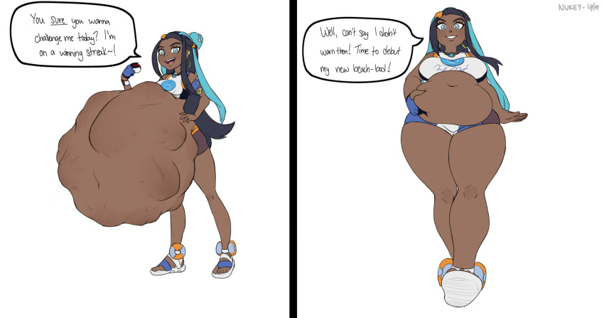 1girls big_belly black_hair blue_clothes blue_eyes breast_expansion chubby chubby_female clothing dark-skinned_female dark_skin digestion english_text female long_hair mamerui midriff nessa_(pokemon) pokemon pokemon_ss smiling swimsuit tagme thick_thighs vore weight_gain white_background wide_hips