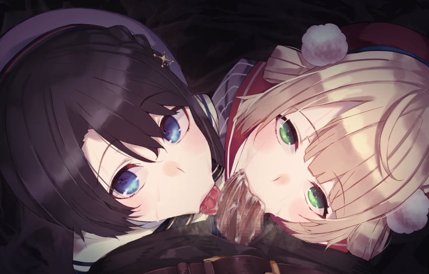 1boy 2girls black_hair blonde_hair blue_eyes censored collaborative_fellatio cum cum_in_mouth fellatio female ffm_threesome green_eyes hololive hololive_gen_2 hololive_japan indie_virtual_youtuber licking licking_penis looking_at_viewer male mother_and_daughter multiple_fellatio oozora_subaru penis pov shigure_ui_(channel) shigure_ui_(vtuber) straight suushiki teamwork threesome tongue tongue_out virtual_youtuber