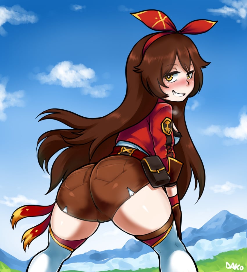 1girls amber_(genshin_impact) ass ass_focus bent_over big_ass boots booty_shorts brown_hair brown_shorts dako dakosito dat_ass female genshin_impact huge_ass looking_at_viewer naughty_face pussy_visible_through_clothes seductive seductive_look seductive_smile shorts smile