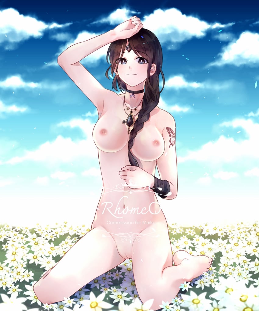 black_eyes black_hair braid braided_ponytail breasts butterfly_tattoo closed_mouth cloud cloudy_sky female flower gem highres jewelry kneeling looking_at_viewer necklace nipples pussy rhosavior sky smile solo tate_no_yuusha_no_nariagari tattoo therese_alexanderite