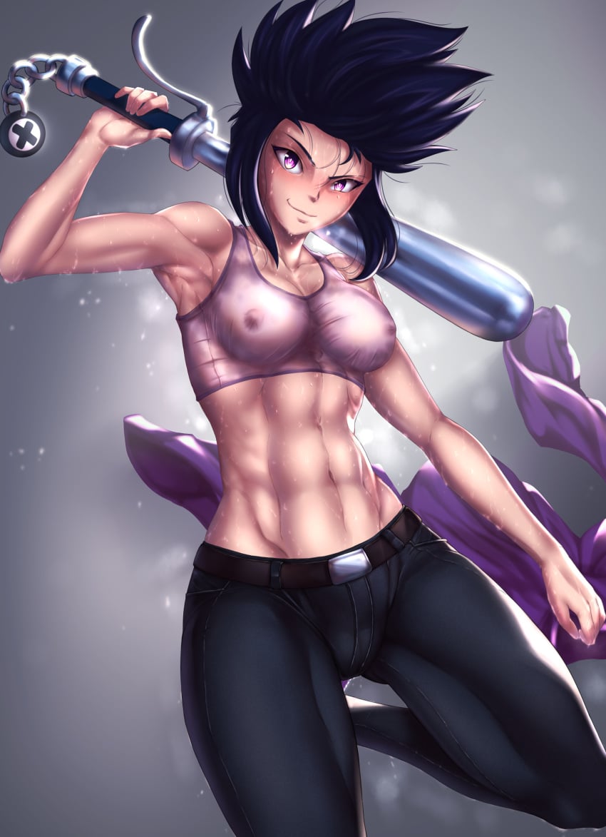 (mirius) athletic belly belt bibi_(brawl_stars) biceps big_breasts black_hair brawl_stars dno jeans mr._bat muscles muscular muscular_female purple_eyes sweat sweatdrop tight_clothing tights wet