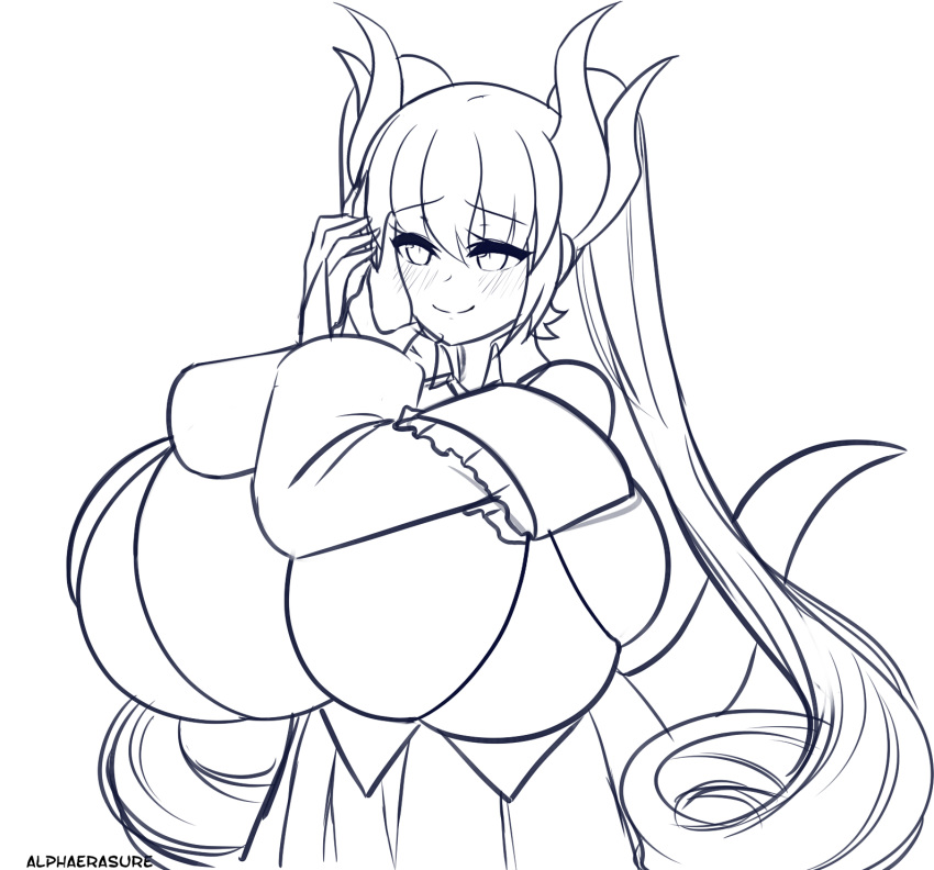 1girls alphaerasure black_and_white clothed disembodied_hand dragon_girl dragon_humanoid female female_only horns huge_ass huge_breasts malice_(alphaerasure) sketch tagme thick_thighs