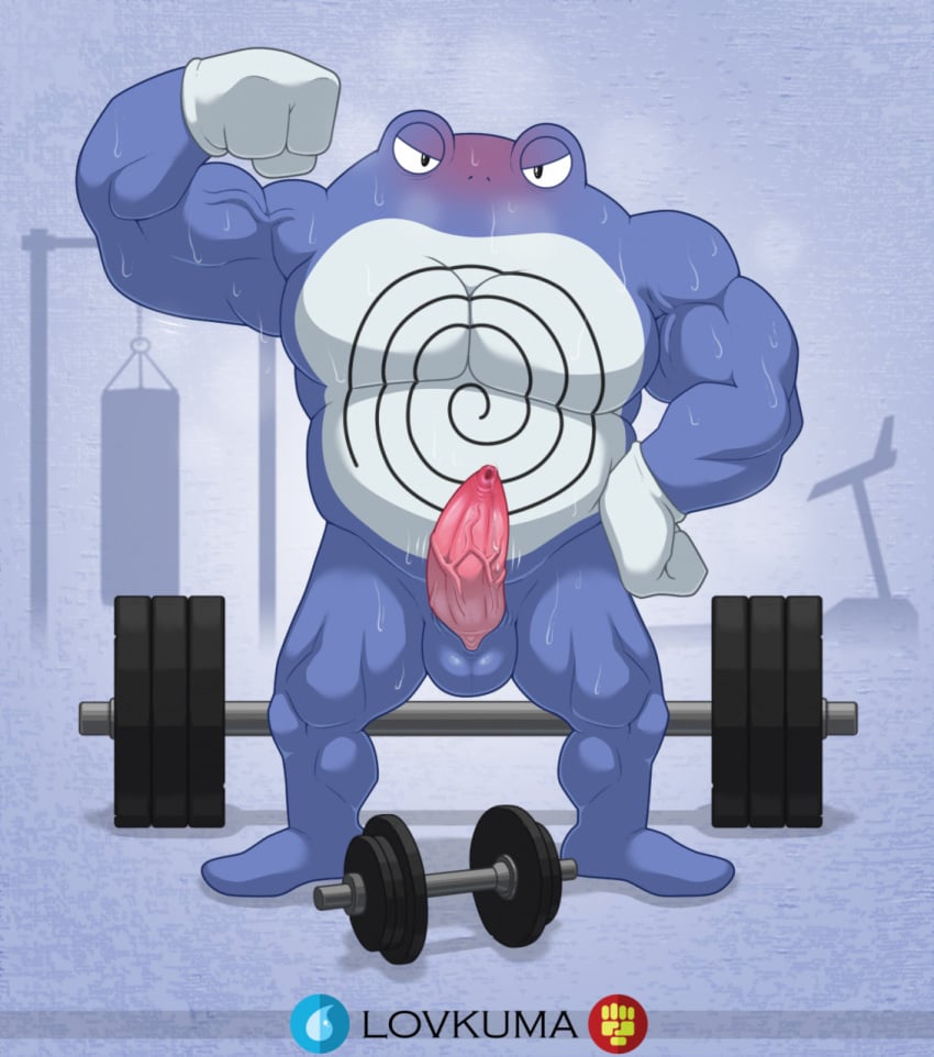 1boy 2020 3_fingers amphibian anthro balls barbell dumbbell erection eyes feet frog gloves gym lovkuma male male_only muscular muscular_male nintendo penis pokémon_(species) pokemon poliwrath solo sweat