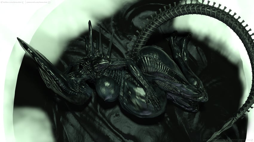 16:9 alien alien_(franchise) belly big_belly big_breasts breasts completely_nude female female_xenomorph hand_on_stomach huge_breasts humanoid hybrid implied_unbirth loneclaw monstrous_humanoid pregnant pregnant_female smile solo text weyland_yutani wide_hips widescreen xenomorph xenomorph_queen