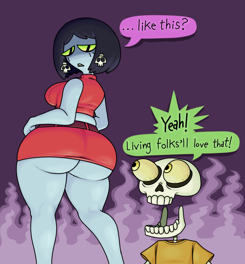 1boy 1girls 2020 ass ass_awe awooga big_ass blue_skin cute dat_ass eurydice eurydice_(vendant) female huge_ass male pose posing red_outfit skeleton text vendant wild_take yellow_sclera