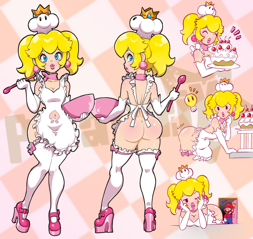 1boy 1girls anus apron ass big_ass big_lips blonde_hair blue_eyes cake chef_hat curvy_figure dat_ass earrings female frills high_heels legwear lips lipstick mario mario_(series) naked_apron nintendo pink_lips pink_lipstick pixaltrix princess_peach standing super_mario_bros. thick_lips thick_thighs thighhighs thighs twintails