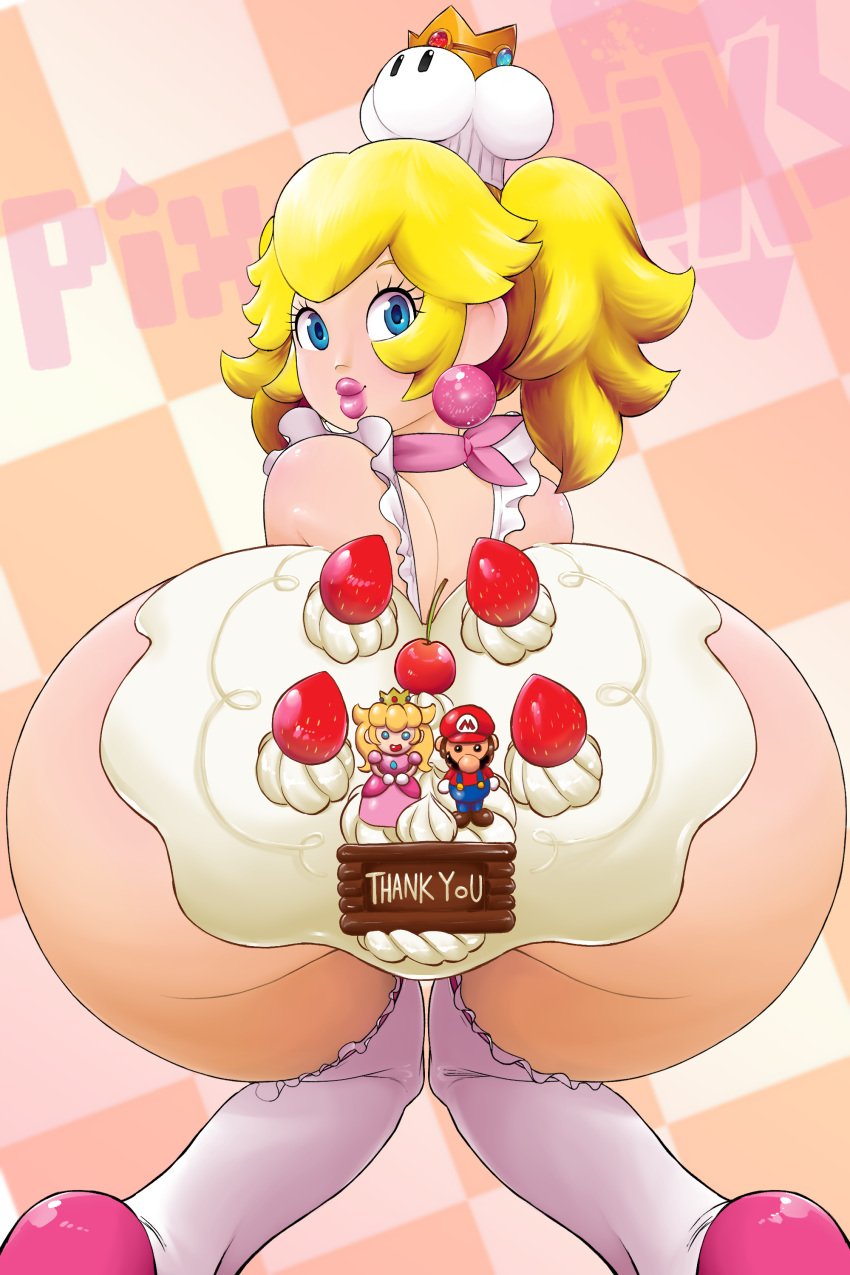 1girls anus apron ass bad_censor big_ass big_butt big_lips blue_eyes bubble_ass bubble_butt butthole censored chef_hat covering covering_crotch dat_ass earrings female female_only frills huge_ass lips lipstick looking_at_viewer looking_back mario mario_(series) nintendo pink_lips pink_lipstick pixaltrix presenting presenting_hindquarters princess_peach royalty super_mario_64 text thick_ass thick_lips thighhighs wide_hips